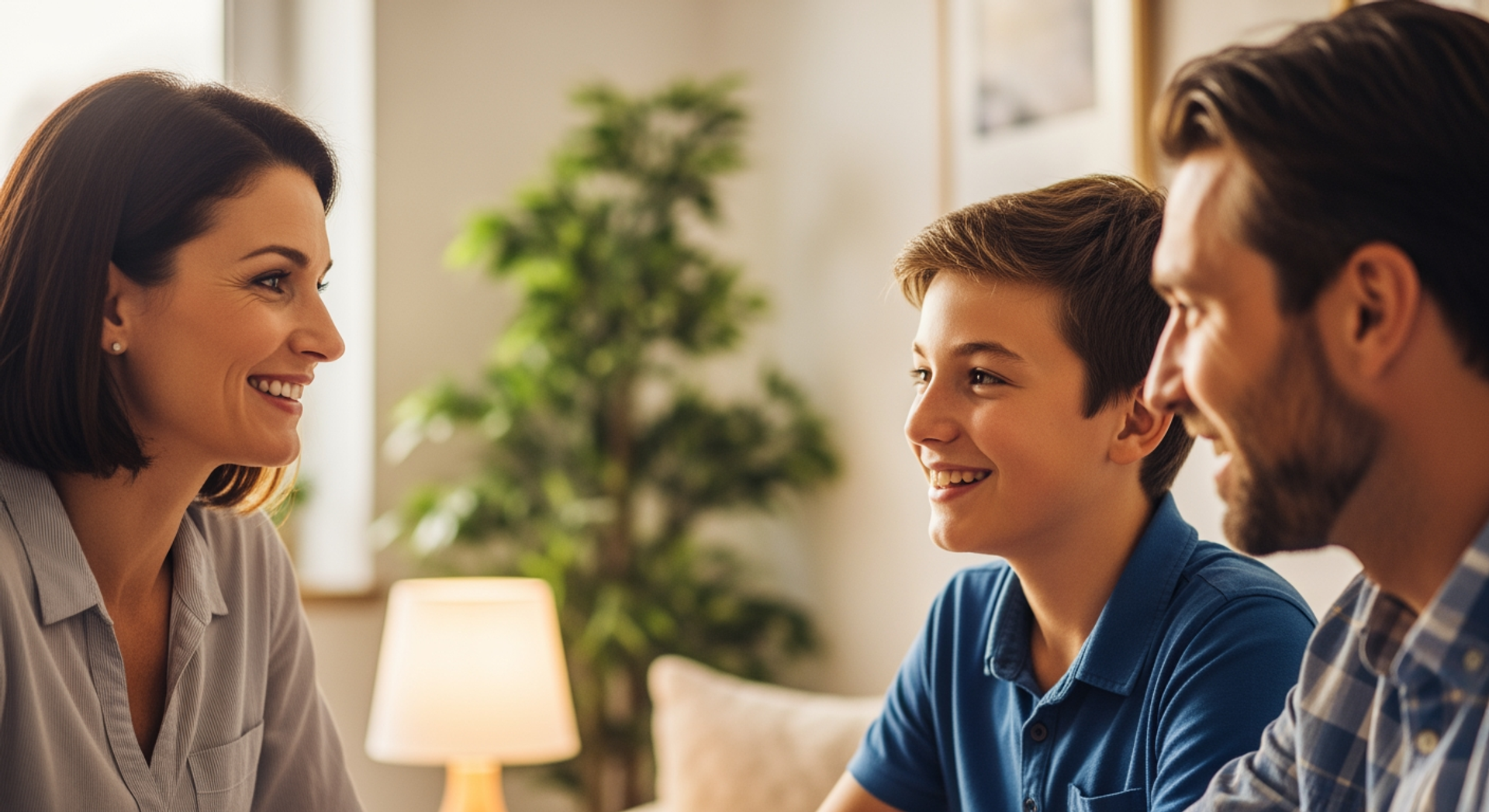 Vater und Sohn sitzen mit Beratungslehrkraft zusammen