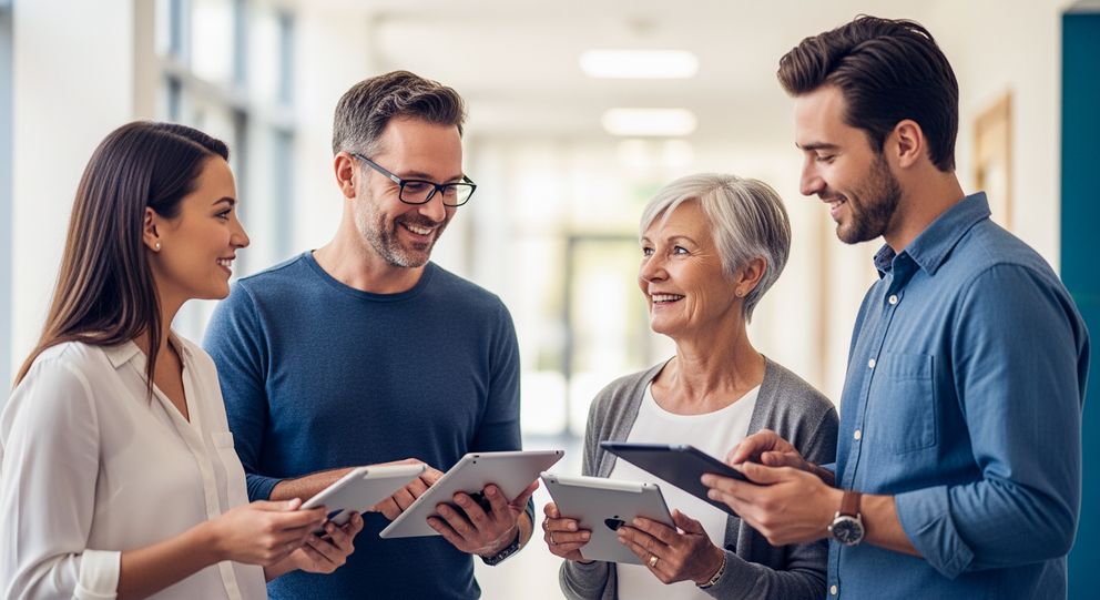 Gruppe von Lehrkräften unterhält sich und hält iPad-Tablets in der Hand