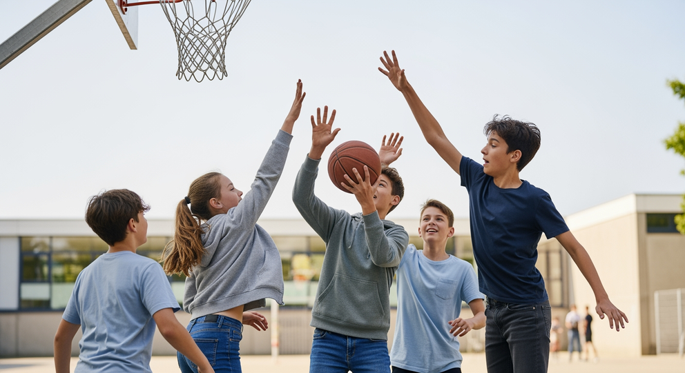 Gruppe von Schülern spielt Basketball auf dem Schulhof