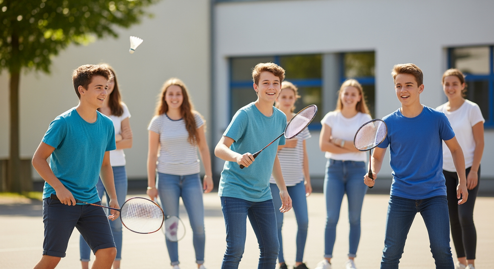 Gruppe von Schülern spielt Badminton auf dem Schulhof