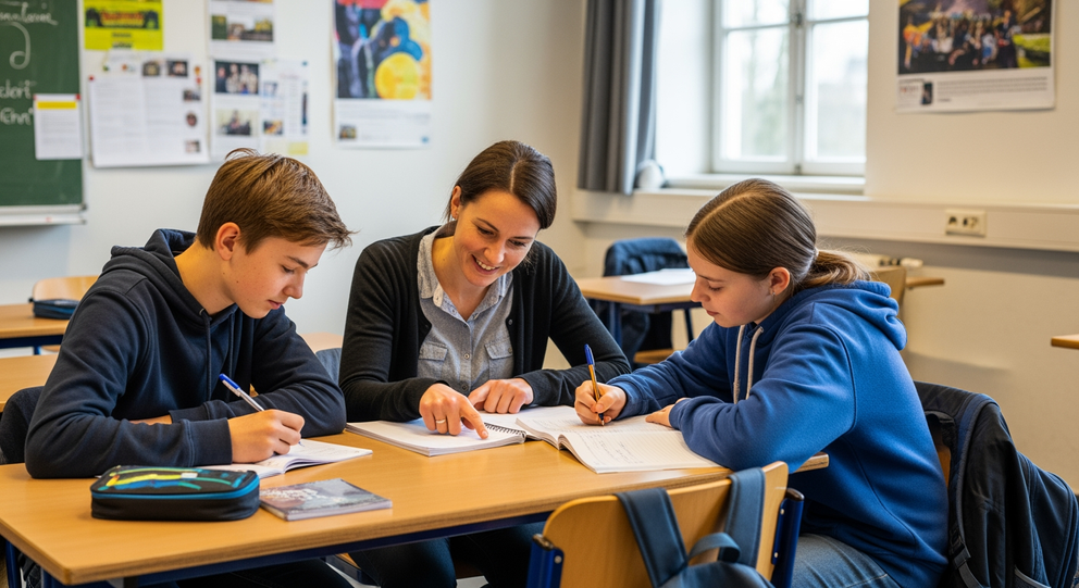 Junge Frau unterstützt Schülerin und Schüler bei der Schularbeit