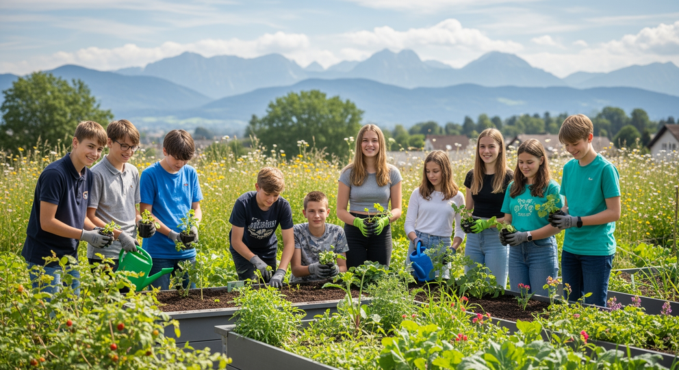 Gruppe von Schülern arbeitet im Freien im Schulgarten und pflanzt neue Setzlinge