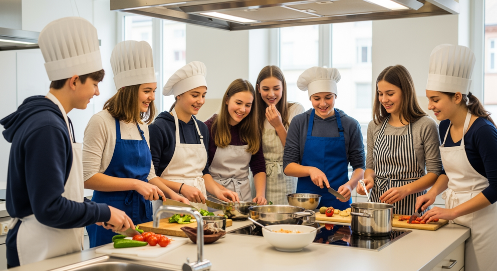 Gruppe von Schülern kocht in der Schulküche
