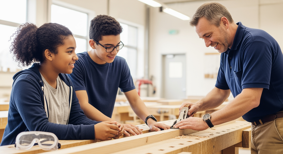 Erfahrener Handwerker zeigt zwei aufmerksamen Jugendlichen in einer Lehrwerkstatt, wie man mit einem Handhobel Holz bearbeitet
